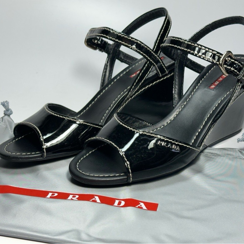 Prada Glossy Black Patent Leather Wedge Sandals Brand New In Box Size 40 /US 9.5